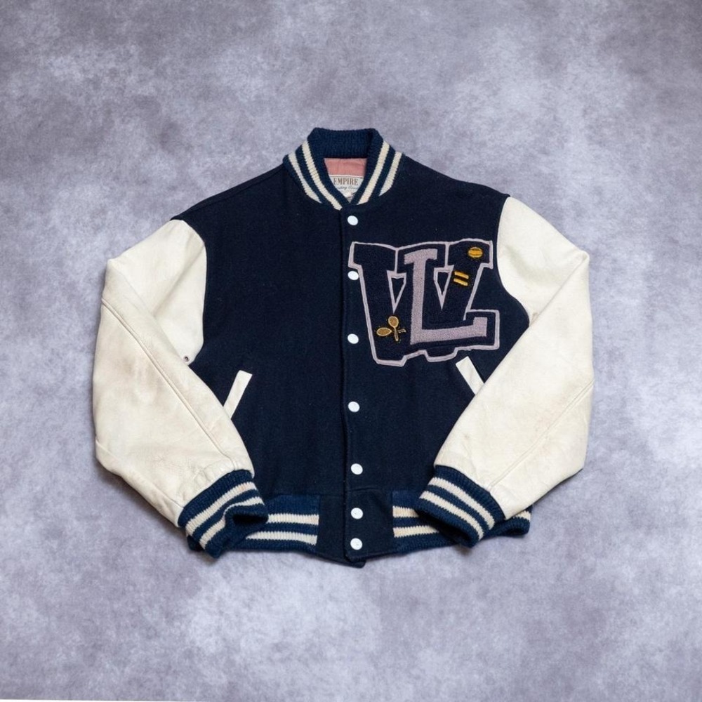 Varsity Bomber Jacket Navy Blue Empire Sporting Goods Leather Sleeve Letterman - Picture 1 of 7